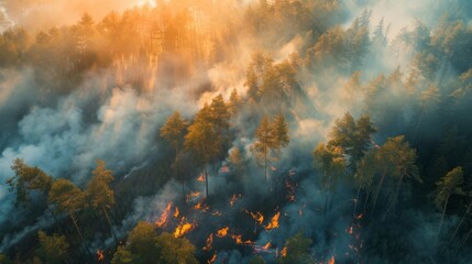 Naklejka premium Aerial view of wildfires spreading across forest areas emitting greenhouse gases and smoke