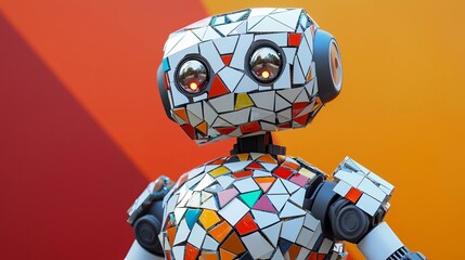 Search engine robot assembling mosaic, information gathering, flat design illustration