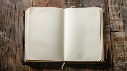An open blank notebook on a rustic wooden surface, inviting creativity and ideas for writing or sketching.