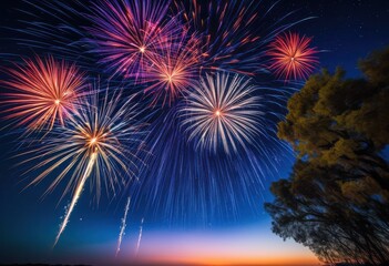 colorful fireworks bursting brilliant patterns deep blue starry night sky, display, bursts, colors, illumination, celebration, festival, beauty