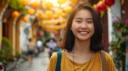 Fototapeta premium Asian tourist with a bright smile in charming old city