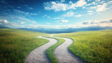A path diverging into two directions, with contrasting landscapes to symbolize a critical life-changing decision, conveying the weight of choice and future impact.