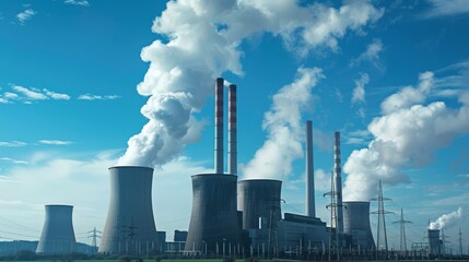 Brown coal power plant with multiple smoke stacks and cooling towers, clear day