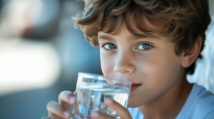 Boy drinking water from a clear glass or bottle