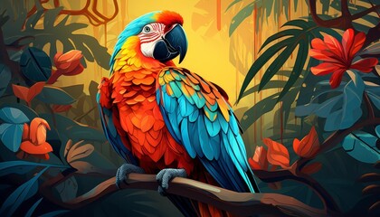 Fototapeta premium A parrot mimicking sounds cleverly flat design top view tropical rainforest cartoon drawing colored pastel