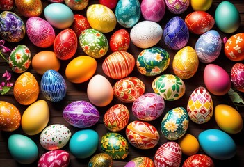 vibrant easter egg display colorful background featuring various patterns textures festive arrangement, spring, holiday, celebration, design, decoration