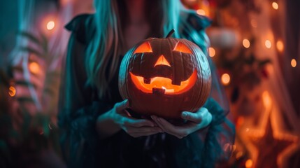 Obraz premium Halloween costume holding a carved pumpkin