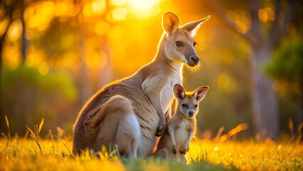 Fototapeta premium A Pocketful of Sunshine: A Baby Kangaroo Basking in Golden Light Generative AI