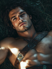 warrior lays in the grass looking up - epic fantasy - generative ai