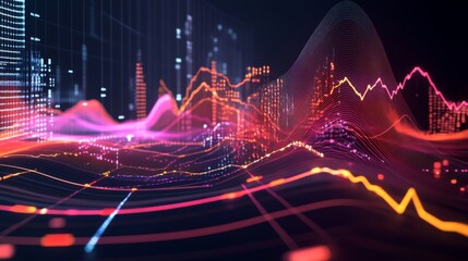 A wide-angle view of a 3D line graph with multiple data series, showing curves and intersections in a dynamic and detailed digital presentation.