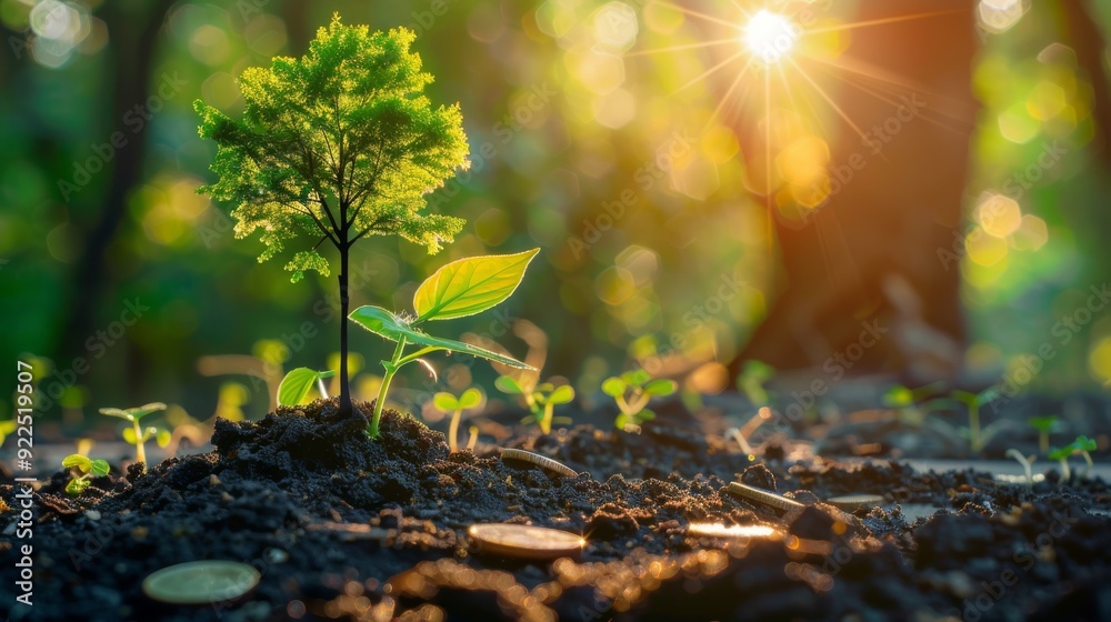 Aufkleber carbon footprint reduction represented by trees and coins