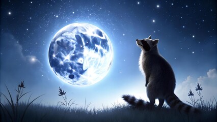 A Racoon's Silhouette Against a Full Moon, Woven with Stars  AI generated