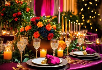 vibrant celebration table setup featuring eye catching decorations colorful festive accents, centerpieces, tableware, arrangement, design, style, event