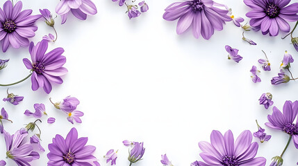 Purple flower frame on white background top view