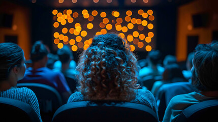 Curly haired person in cinema audience viewing a movie screen with blurred lights in the background