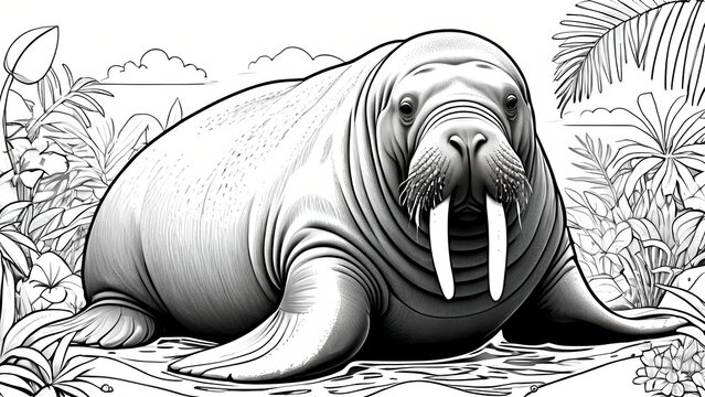 black and white walrus resting in nature clip art preview