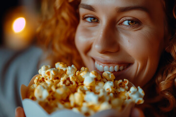 Smiling woman with curly hair enjoying popcorn in a close-up snack light showing teeth and face