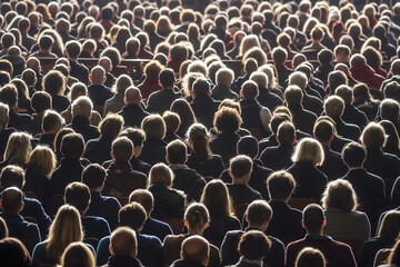 A large crowd of people gathered at an event, an audience attending a meeting or conference assembly