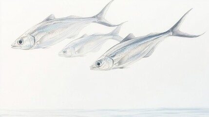 Flying fish leaping through the air on a white background, captured in a moment of graceful motion, creating a sense of freedom and fluidity.