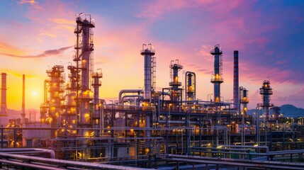 Fototapeta premium Dusk settling over an industrial factory, colorful sunset