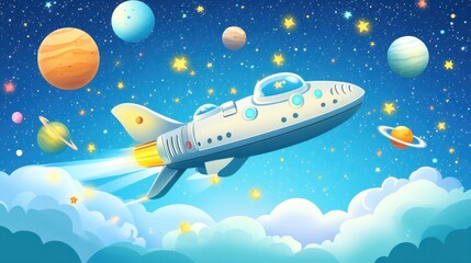 Fototapeta premium Cartoon spaceship flying through a vivid blue sky, surrounded by stars and planets, creating a fun and imaginative space adventure.