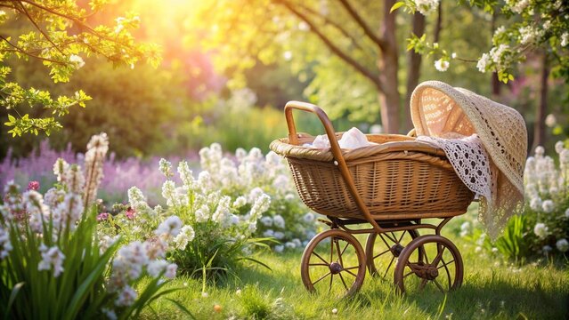 A Rustic Charm: Vintage Wooden Stroller with Wicker Basket Adorned with Delicate Lace and a Soft Blanket  AI Generated
