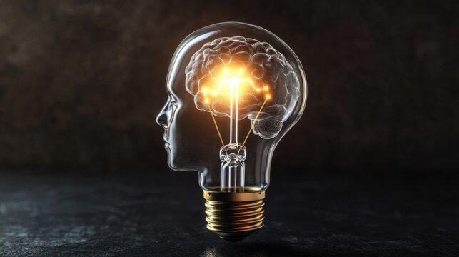 Lightbulb in the shape of a human head, glowing with ideas and creativity, set against a dark background, symbolizing innovation and inspiration.