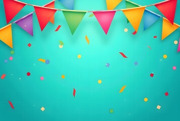A festive and colorful image with a string of triangular pennant flags hanging across the top against a bright turquoise background with confettis