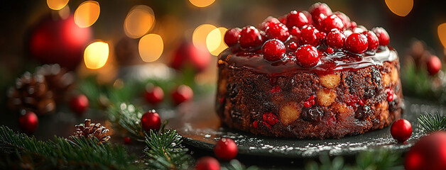 wide panoramic cover background photo of delicious christmas cake with chocolate and berries 