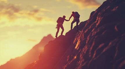 A person helping another up to the top of the mountain, demonstrating friendship and assistance in climbing