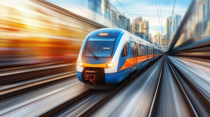 Naklejka premium A wide-angle view of an electric train speeding through a cityscape, with motion blur effects emphasizing its speed and efficiency.