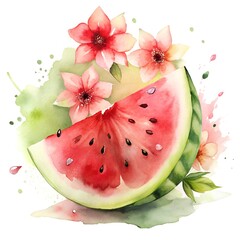 Juicy red watermelon flesh, splashes of sweet juice, watermelon slice with flowers, watercolor illustration on white background. Summer mood. Sublimation, postcard, card, poster, sticker.