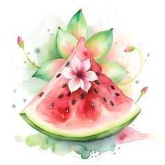 Juicy red watermelon flesh, splashes of sweet juice, watermelon slice with flowers, watercolor illustration on white background. Summer. Sublimation, postcard, card, poster, sticker.