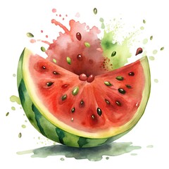 Juicy red watermelon flesh, splashes of sweet juice, watermelon slice, watercolor illustration on white background. Sublimation, postcard, card, poster, sticker.