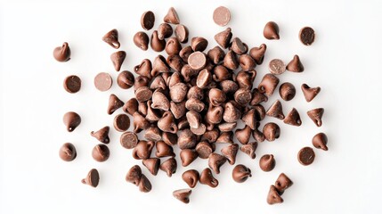 A scattering of chocolate chips on a clean white background, emphasizing sweetness and indulgence.