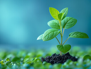 Seedling in soil showing growth with a fresh, natural, and organic leaf plant in green background