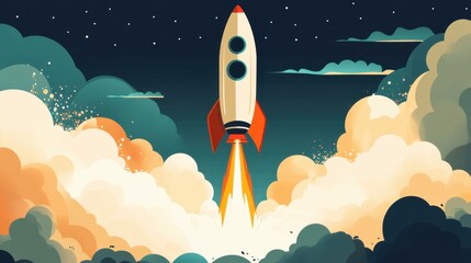 A rocket launching to symbolize a business startup, with bold colors and dynamic motion.