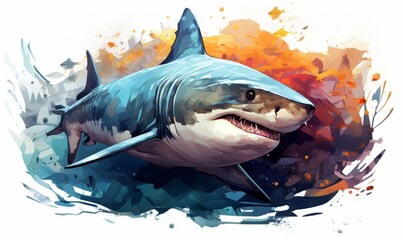 A shark circling curiously flat design side view underwater cave water color Triadic Color Scheme