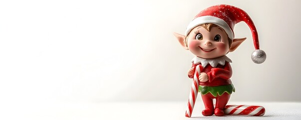 Fototapeta premium Cheerful Christmas Elf Figurine with Candy Cane and Festive Attire Stands Ready to Spread Holiday