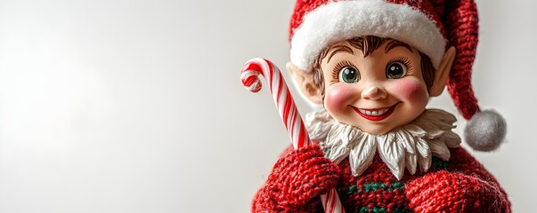 Adorable Christmas Elf Doll in Festive Costume with Candy Cane and Charming Smile