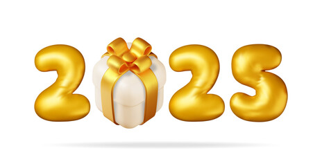 3d gold balloon 2025 new year symbol isolated. Render golden 2025 number holiday party decoration. Metallic balloon shiny font. New year and xmas celebration. Realistic vector illustration