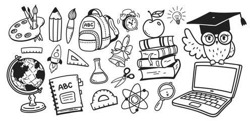 Vector line art cute illustration collection of back to school education symbols and objects