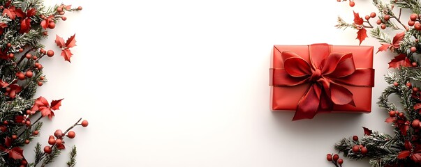 Festive Christmas Ornaments and Gift Box on Snowy Background with Holly Berries and Pine Branches
