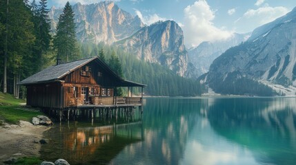 Fototapeta premium Cabin by the Lake in the Mountains