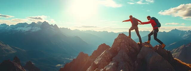 A person helping another up to the top of the mountain, demonstrating friendship and assistance in climbing