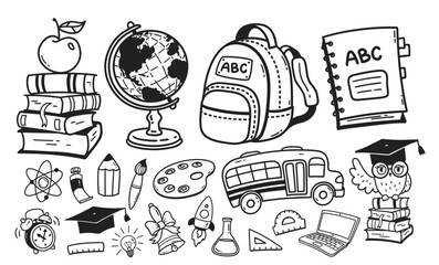 Vector line art cute illustration collection of back to school education symbols and objects