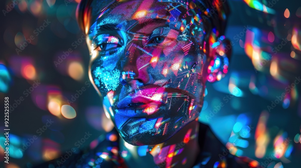 Poster a model stands still as colorful light patterns dance across their face, creating an abstract and ar