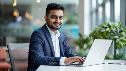 Fototapeta premium Indian businessman in formal attire working on laptop in clean office background