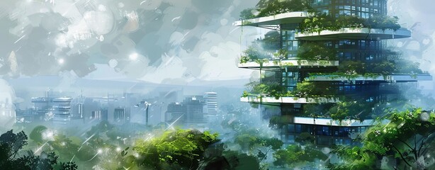 Conceptual architectural sketch of a futuristic eco-friendly skyscraper with green terraces and advanced insulation materials; focus on innovative energy solutions
