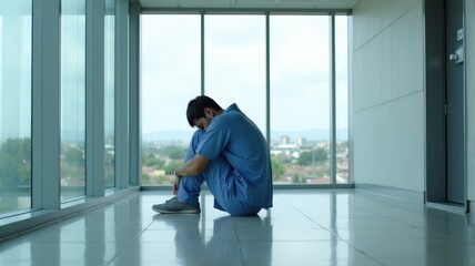 Healthcare Professional Sitting Alone in a Modern Hospital Environment.